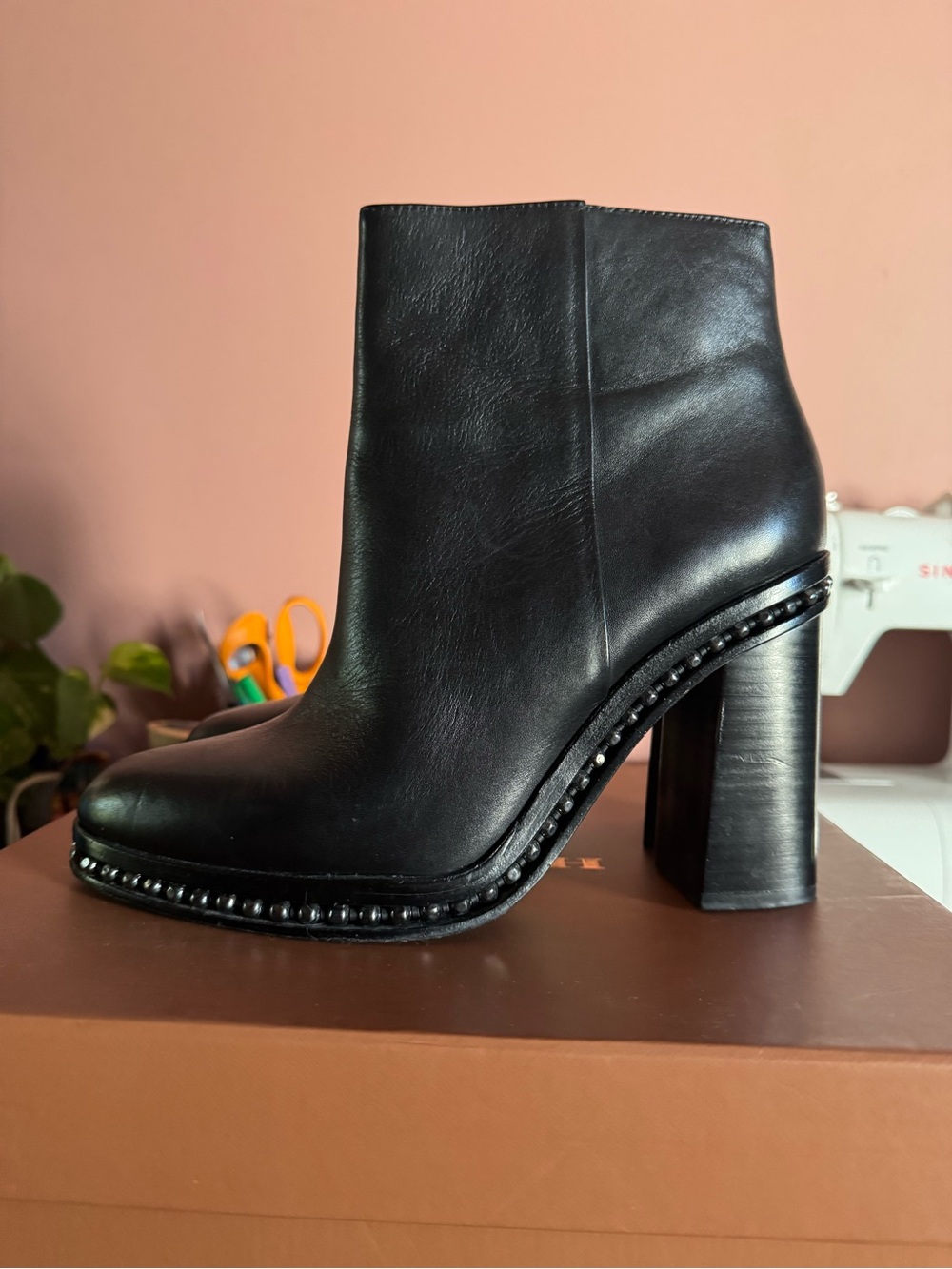 Black Coach Justina Leather Stud-Trim Ankle Boot - Women
